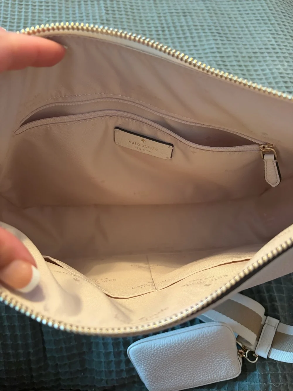 kate spade Cream Pebbled Leather Crossbody with Striped Strap and Coin Pouch